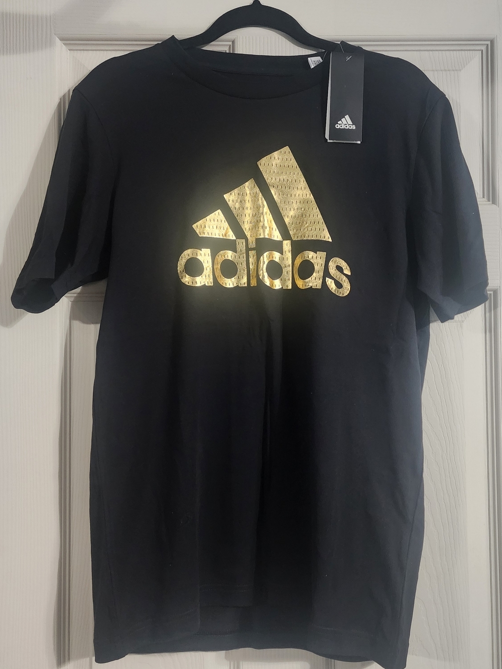 adidas Black T-Shirt with Gold Logo - Short Sleeve Mens Sz S